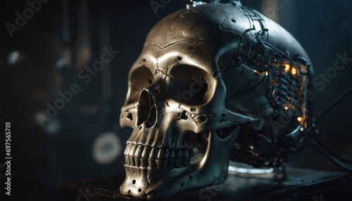  a skull sitting on top of a table with a light on it's head and wires coming out of the top of the skull's back of the head.