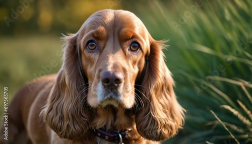  a close up of a dog looking at the camera with a blurry background of grass in the foreground and a blurry background of grass in the foreground.