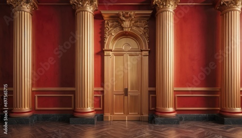  a room with red walls and a gold door in the center of the room is a wooden parquet floor and a red wall with gold columns and a gold door in the center of the room.