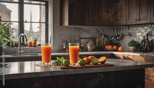  two glasses of orange juice sit on a kitchen counter next to a cutting board with oranges, limes, and an orange slice of a lemon on it.