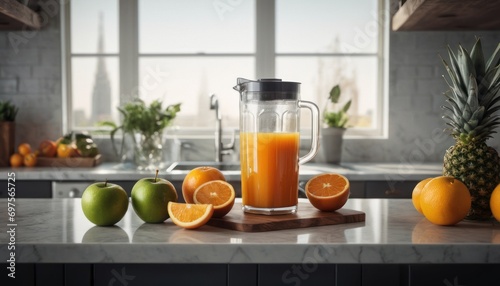  a blender filled with oranges, apples and a pineapple sitting on a kitchen counter next to a pineapple and an orange slice on a cutting board.
