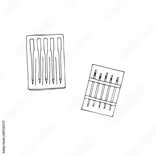 Sewing needles set in a pack. Tailoring. Pack of Needles for Sewing machine, and pack of needles for tailoring. Vector isolated outline drawing.