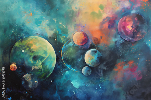 Generative AI, Stunning Abstract Cosmic Artwork: Vibrant Planets and Starry Space Background