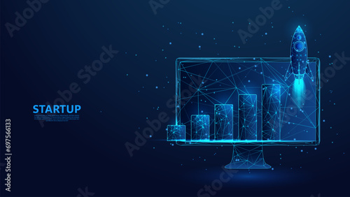 Rocket launch. Startup business growth concept with upward bar chart. Low poly wireframe style technology blue background.