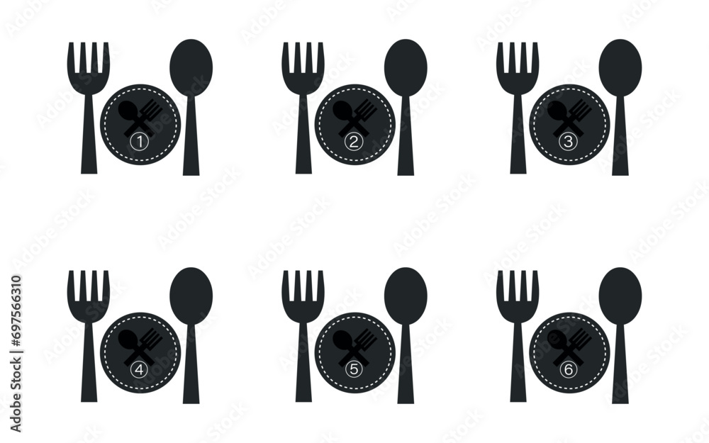 Restaurant icon, dish portion number symbol spoon and plate. Restaurant icon, dish portion number symbol spoon and plate.