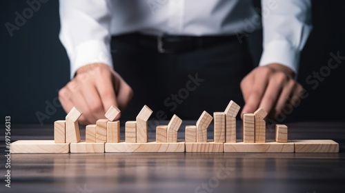 Strategic Businessman Orchestrating Domino Pieces and Blocks in Organized Chaos: Leadership and Planning Concept. Taking control amid unstable circumstances. Dealing with risk. photo