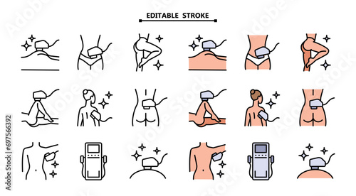 Laser hair removal line icons set. Editable stroke. Color epilation symbols. Apparatus, equipment. Vector illustration isolated on white. photo