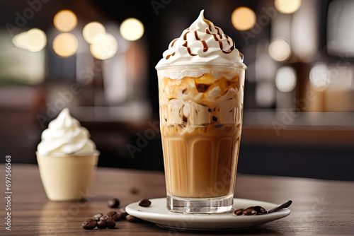 Decadent chocolate milkshake, creamy elegance in chilled glass. Irresistible sweetness on wooden table.