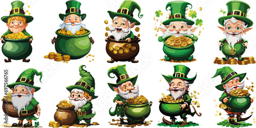 Conjunto de enanos duendes para la fiesta de san Patricio con caldero lleno de monedas de oro 01