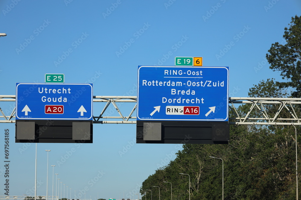 Direction sign on motorway A20 heading to Utrecht and Gouda with junction to A16 at Terbregseplein