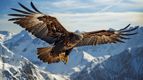 A golden eagle soaring high above snow-capped mountain peaks © MAY