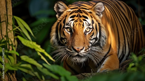 A magnificent Bengal tiger prowling through a dense jungle © MAY