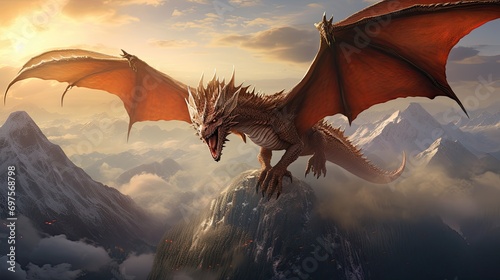 A majestic dragon soaring over an ancient mountain range