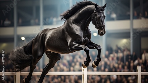 Valokuva A regal black stallion performing a powerful leap over an obstacle in a show-jum