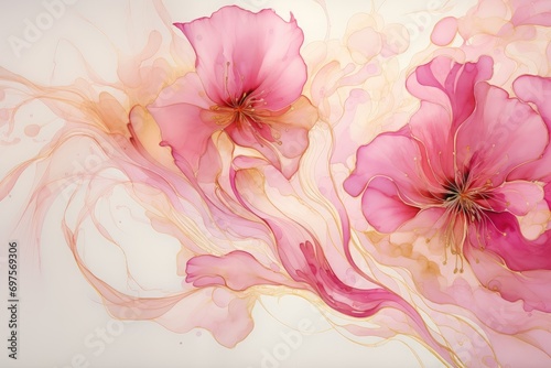 Elegant, romantic watercolor background with hand painted swirl pink and golden flowers, abstract background.