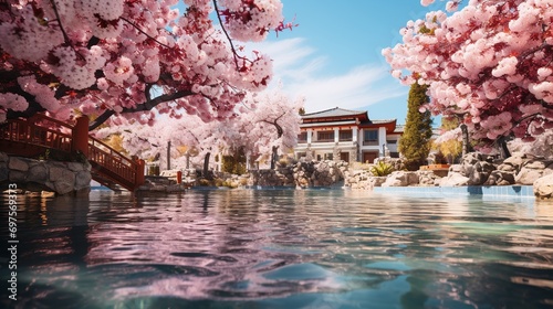 fresh atmosphere in the swimming pool area and cherry blossoms