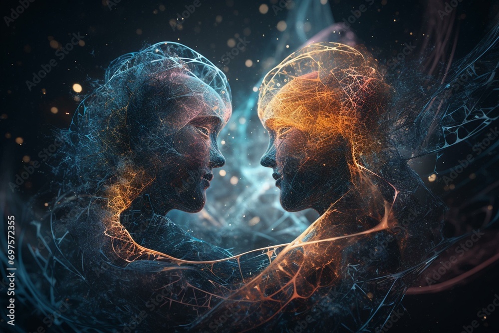Abstract image of two space universe soulmates connecting to each other, Fictional person, Generative AI - obrazy, fototapety, plakaty 
