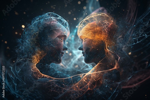 Abstract image of two space universe soulmates connecting to each other, Fictional person, Generative AI