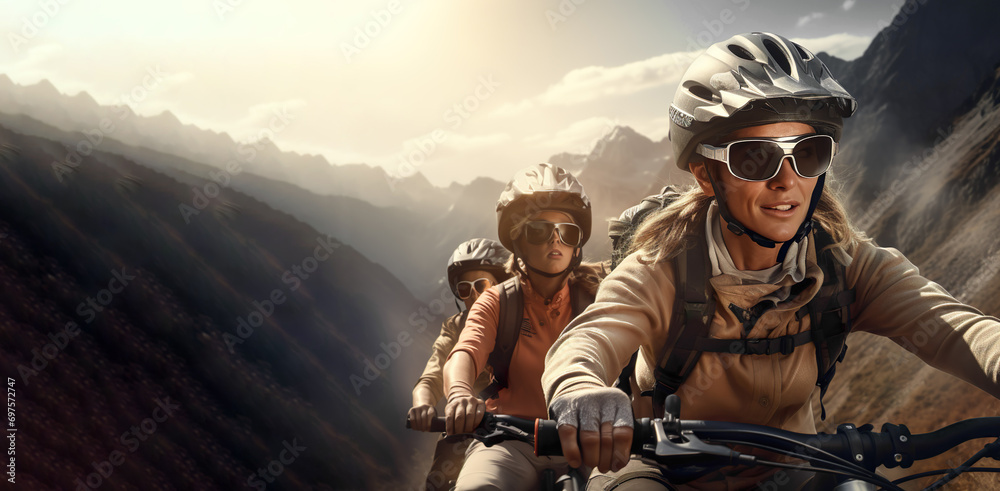 sporty mother teaching daughters children to extreme ride bicycles in mountains. people wearing goggles, protective sunglasses, helmets. Portrait of happy family on a biking summer day. Generative ai