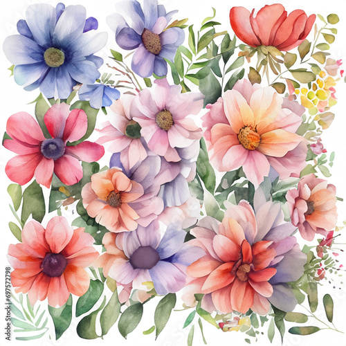Watercolor flowers.Watercolor art with bright flowers.Bouquet of flowers in watercolor style. Background, template, wallpaper in watercolor style