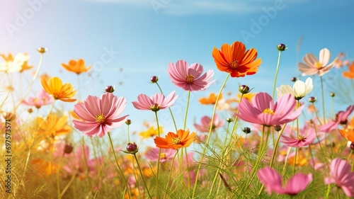 Blooming yellow pink and orange cosmos flowers © Inventing Pixel. Inc