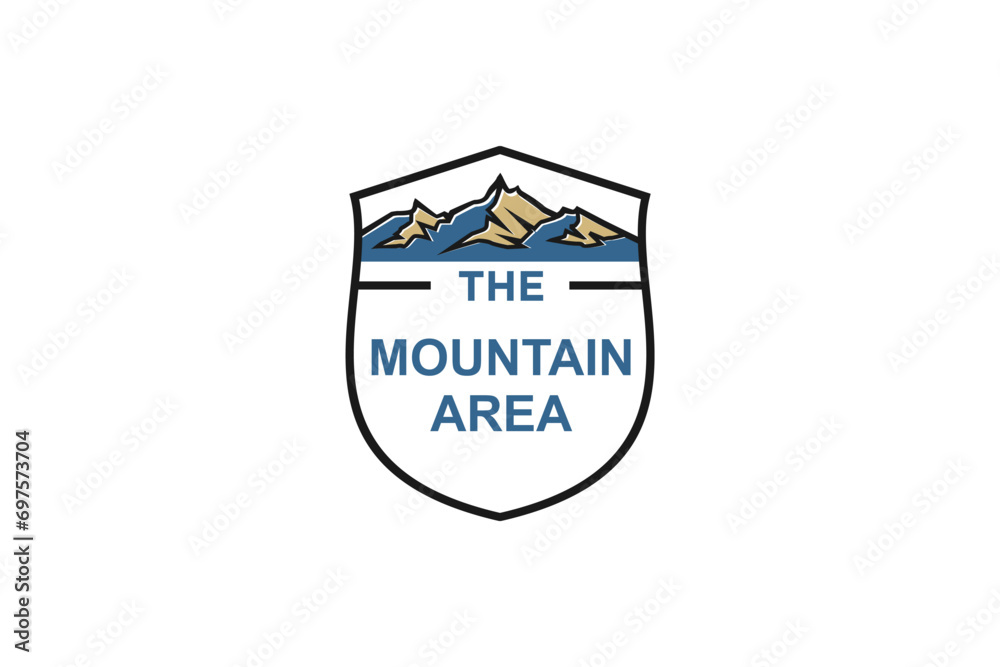 Mountain expedition logo design shield outline shape.
