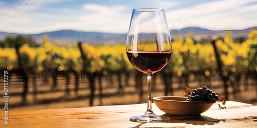 Glass of american wine on the table with beautiful background,  glass of wine on a table in a vineyard., Red wine with sunset time 