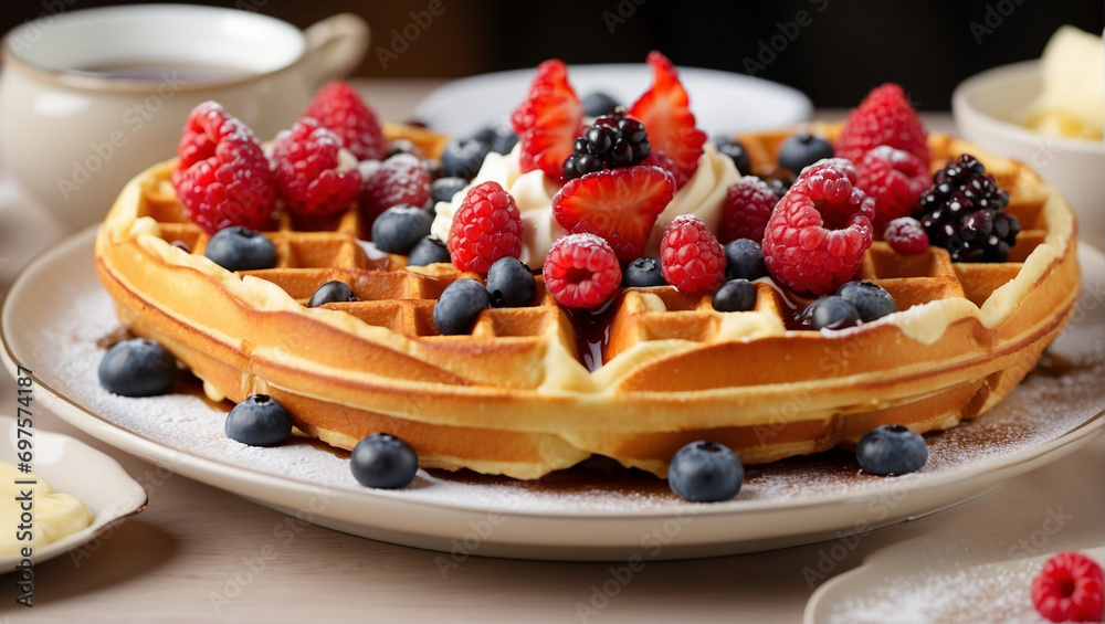 Belgian waffles with fruit and ice cream, sprinkled with powdered sugar Belgian waffles with fruit and ice cream, sprinkled with powdered sugar