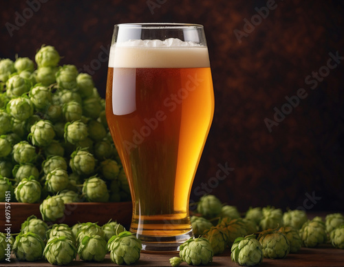 A glass of beer stands on a nine table on a dark background.  Hop cones envelop the glass