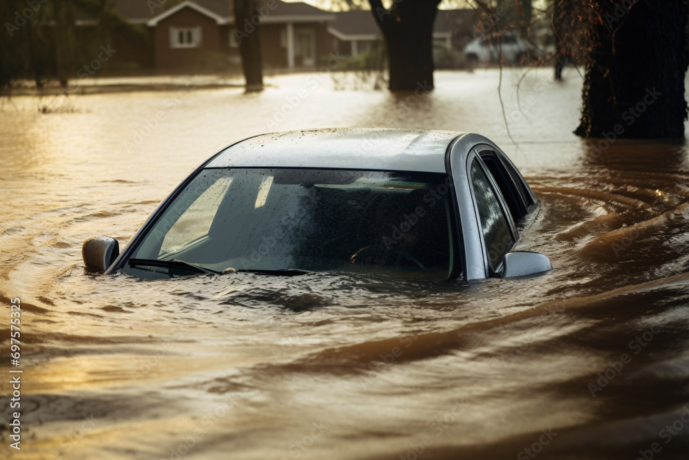 Car drowning in flood water - obrazy, fototapety, plakaty 
