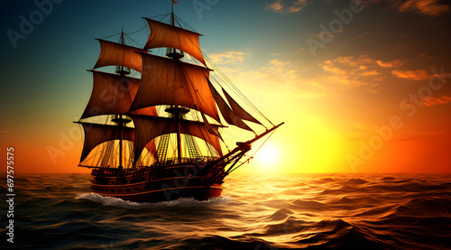 Sailing ship sailing in the calm sea during golden tone sunset sunrise background