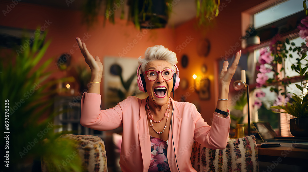 Funny excited elderly woman listening music with headphones, singing and dancing at home. Happy retirement, active lifestyle.