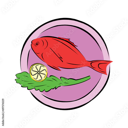 Grilled fish with rosemary and lemon on a plate. Whole roast dorado vector illustration.