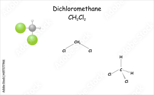 Dichlormethane. Stylized molecule model and structural formula. Use as solvent in industry.