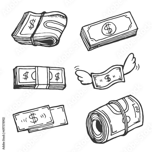 Vector Set of Money. Hand Drawn doodle Dollar Banknotes and Coins