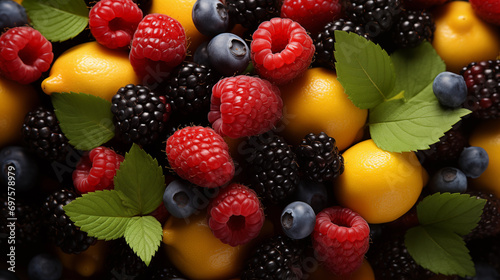 A photograph of various types of berries combined together  creating a beautiful and colorful image