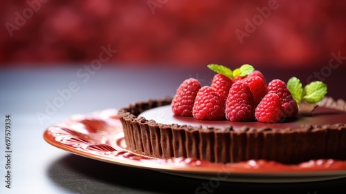 Chocolate tart with raspberries on a red-hued background