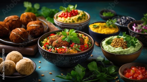 Assorted Middle Eastern dishes and appetizers on a table