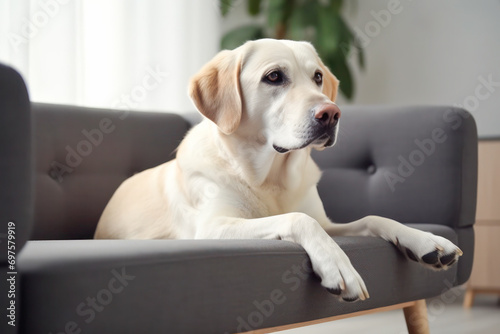 Labrador lying on gray sofa in living room.