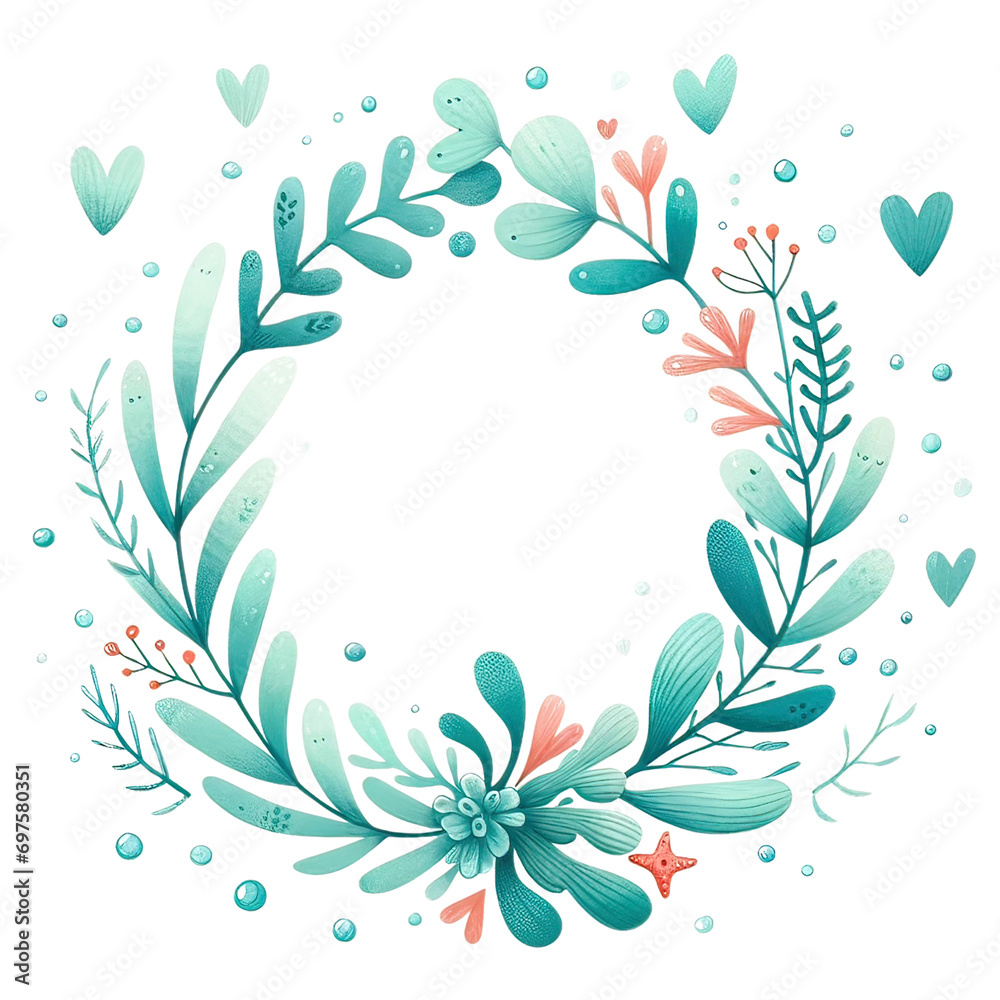 A circular wreath featuring stylized aquatic plants and heart shapes in a serene color palette, ideal for greeting cards and decorations.
A circular wreath featuring stylized aquatic plants and heart shapes in a serene color palette, ideal for greeting cards and decorations.