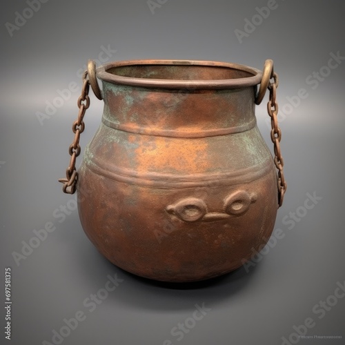 Antique Copper Cauldron With Chain Handle Displayed Against a Grey Background