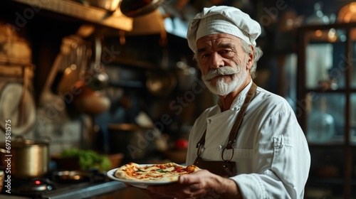 old italian chef with grey moustache, wearing chefs hat on his head, dish with pizza in his hands, blurry interior of kitchen at the background a Delicious Piping Hot Pizza. Copy Space.
