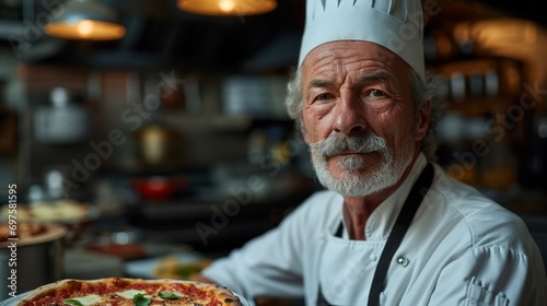 old italian chef with grey moustache, wearing chefs hat on his head, dish with pizza in his hands, blurry interior of kitchen at the background a Delicious Piping Hot Pizza. Copy Space.