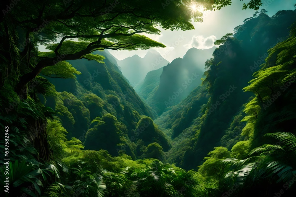 Majestic mountains rising behind a lush green rainforest canopy.