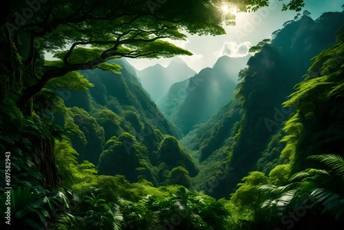 Majestic mountains rising behind a lush green rainforest canopy.