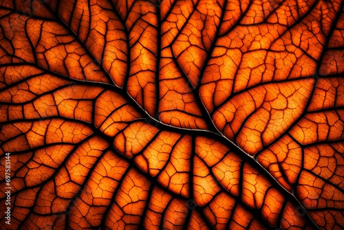 A mesmerizing macro shot of a single orange leaf  its intricate veins and textures on full display.