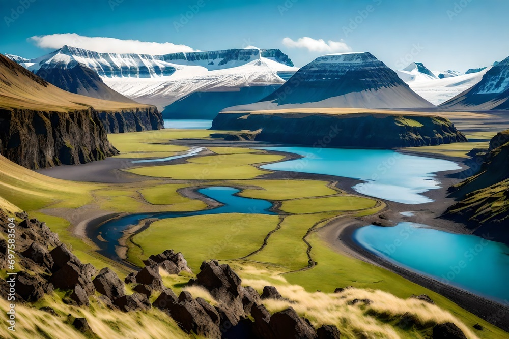 A high-resolution image of a serene valley in Iceland, taken with a 105mm lens, featuring a palm tree, mountainous terrain, and an ocean horizon, all under a clear blue sky
