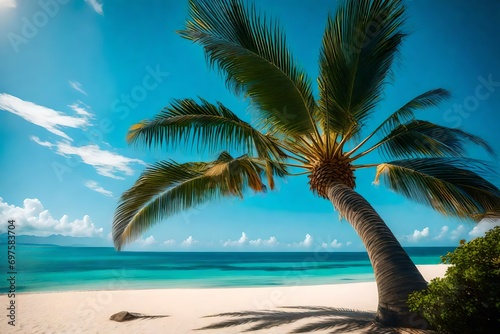 Using a 105mm lens  capture the vivid hues of a palm tree in sharp focus against the backdrop of a pure blue sky  gazing out over the pristine ocean vista.