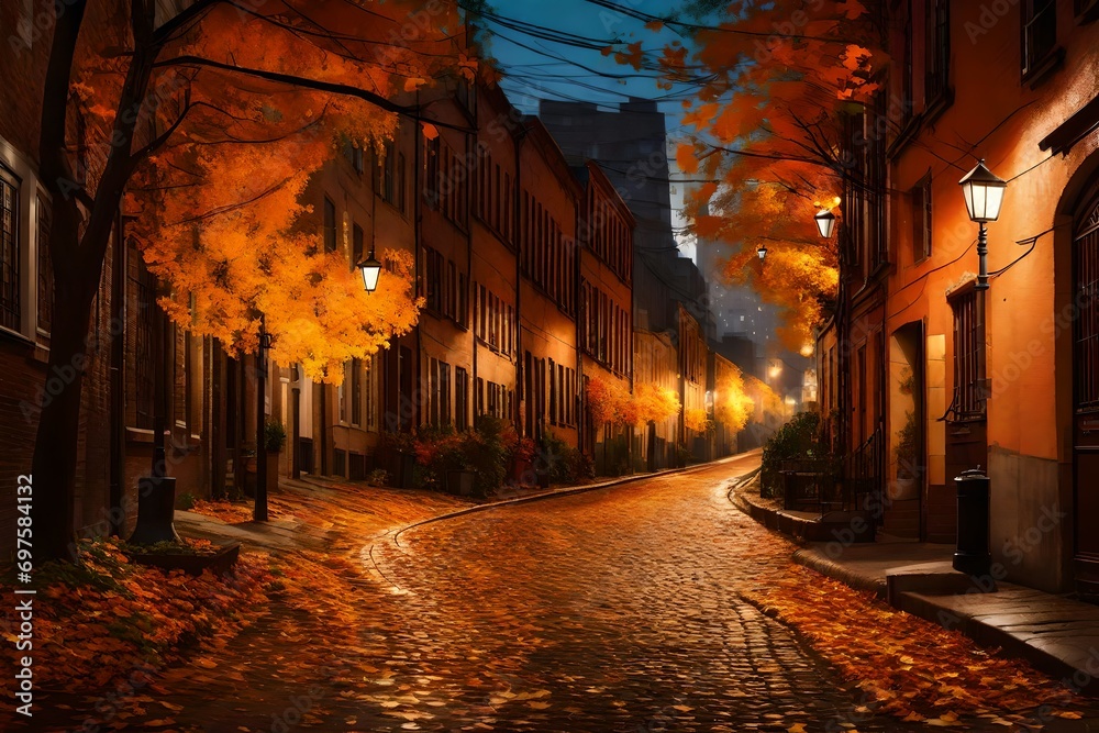 An evening scene in an urban alleyway, illuminated by soft, warm streetlights. Autumn leaves, in shades of orange, yellow, and brown, are scattered across the cobblestones