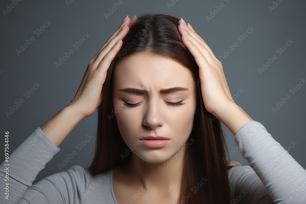 Fototapeta premium sick woman with pain, headache, migraine, stress, insomnia, hangover